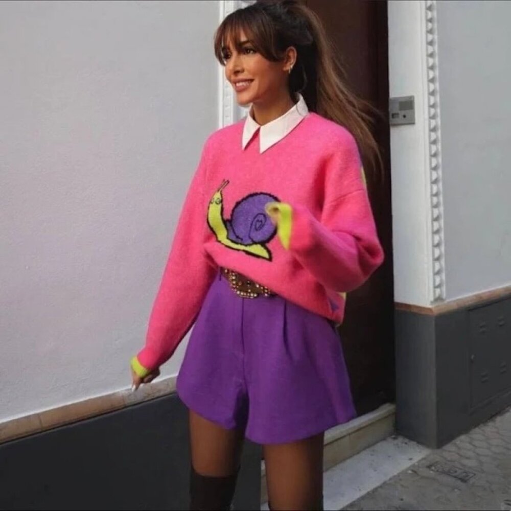 ZARA PINK SNAIL SWEATER WOMENS LARGE GREEN PURPLE STRIPE LOOSE FIT KNIT PULLOVER